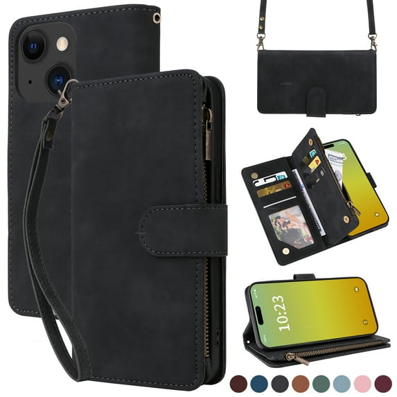 ELEHOLD for iPhone 15 Wallet Crossbody Case,Large Capacity Card Slots Zipper Purse Kickstand Function Magnetic Clasp Shoulder Strap Wrist Lanyard Flip Leather Case for iPhone 15,Black