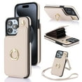thumbnail image 1 of ELEHOLD for iPhone 15 Wallet Crossbody Case with Organ Card Slots Metal Finger Ring Holder Kickstand Crossbody Shoulder Strap Shockproof Purse Cover for Women Girls,apricot, 1 of 8