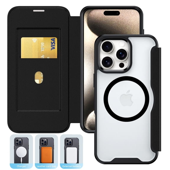 ELEHOLD for iPhone 15 Wallet case, Compatible with Mag safe Accessory Folio Leather Card Holder Shockproof Full Protective Wallet Case for iPhone 15,Black