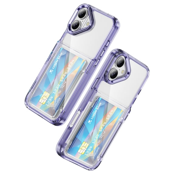 ELEHOLD for iPhone 16 Case,Clear Card Holder Kickstand Credit Card Slot Soft TPU+Hard PC Slim Bumper Anti-Scratch Shockproof Protective Wallet Case for iPhone 16,Purple
