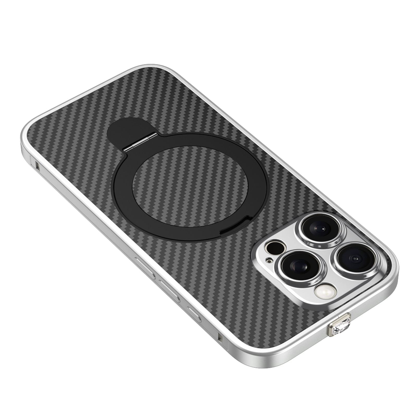 ELEHOLD for iPhone 16 Case,Compatible with Magsafe Accessories, Heavy Duty  Carbon Fiber Ring Kickstand Magnetic Rugged Shockproof Case for iPhone 16,Silver