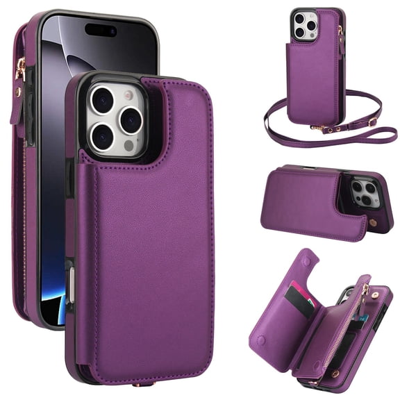 ELEHOLD for iPhone 16 Case,Flip Kickstand RFID Blocking Card Slot Holder Zipper PU Leather Crossbody Wallet Shock-Absorbent Protective Case with Crossbody Strap,Darkpurple