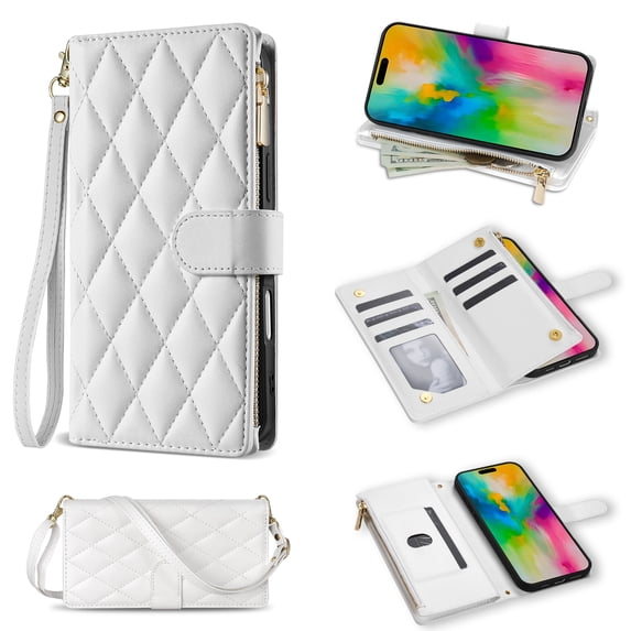 ELEHOLD for iPhone 16 Case, Luxury Leather Magnetic Flip Zipper Credit Card Holder Slots Kickstand Flip Folio PU Leather Magnetic Wallet Case with Wrist/Shoulder Strap for iPhone 16,White