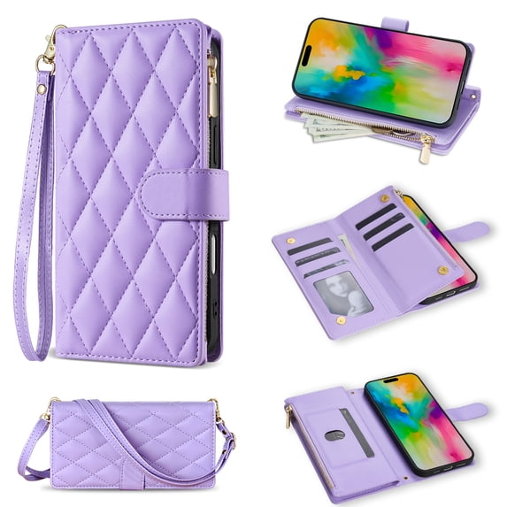 ELEHOLD for iPhone 16 Case, Luxury Leather Magnetic Flip Zipper Credit Card Holder Slots Kickstand Flip Folio PU Leather Magnetic Wallet Case with Wrist/Shoulder Strap for iPhone 16,Purple