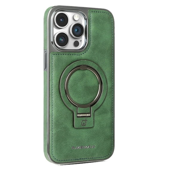 ELEHOLD for iPhone 16 Case, Luxury Soft PU Leather Magnetic Invisible Ring Stand Military Drop Shockproof Non-Slip Protective Phone Case for iPhone 16, Green