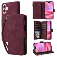 thumbnail image 1 of ELEHOLD for iPhone 16 Case, PU Leather Case Magnetic Closure Handbag Zipper Pocket Kickstand Card Slots Flip Shockproof Wallet Case with Strap,Winered, 1 of 9