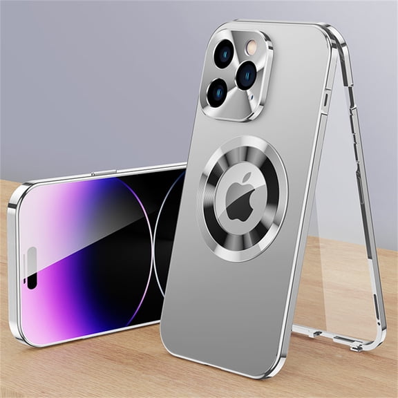 ELEHOLD for iPhone 16 Full Body Case,Double Sided with Built-in Tempered Glass Screen Protector Metal Frame Plating PC Back Panel Shockproof Rugged Case for iPhone 16,Silver