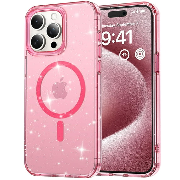 ELEHOLD for iPhone 16 Glitter Clear Magentic Case,Transparent Clear Soft TPU Bling Shiny Design Compatible with Mag Safe Shockproof Fashion Girly Case for iPhone 16,Pink