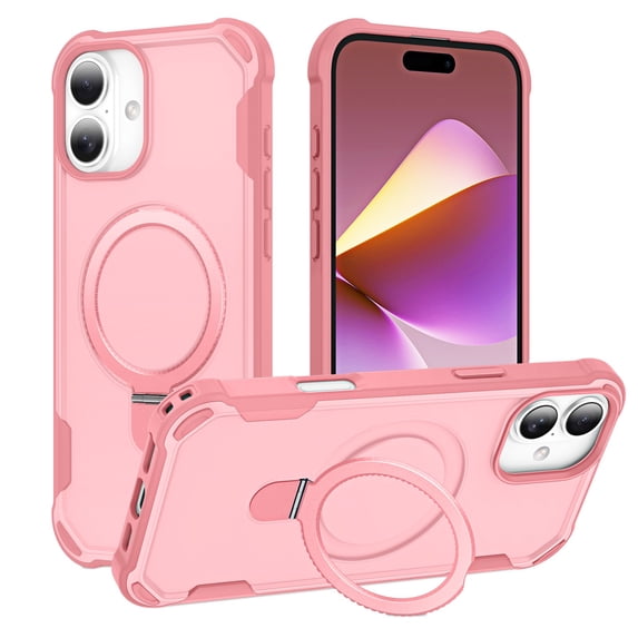 ELEHOLD For iPhone 16 Heavy Duty Shockproof Rugged Case Magnetic Rugged Case, MagSafe Compatible, with Invisible and Adjustable Ring Holder Stand, Pink