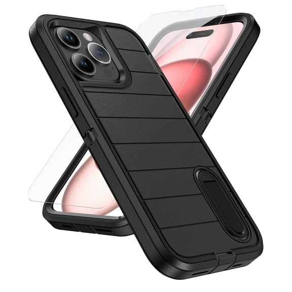 ELEHOLD for iPhone 16 Hybrid Rugged Case with HD Screen Protector,Dual Layer Hard Protective Invisible Kickstand Non-Slip Drop-Proof Shockproof Anti-Scratches Heavy Duty Cover,Black+Black