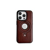 ELEHOLD for iPhone 16 Magnetic Case Premium Leather Logo Hollow Design Foldable Ring Holder Kickstand Support Mag Safe Charging Shockproof Case for iPhone 16,Coffee