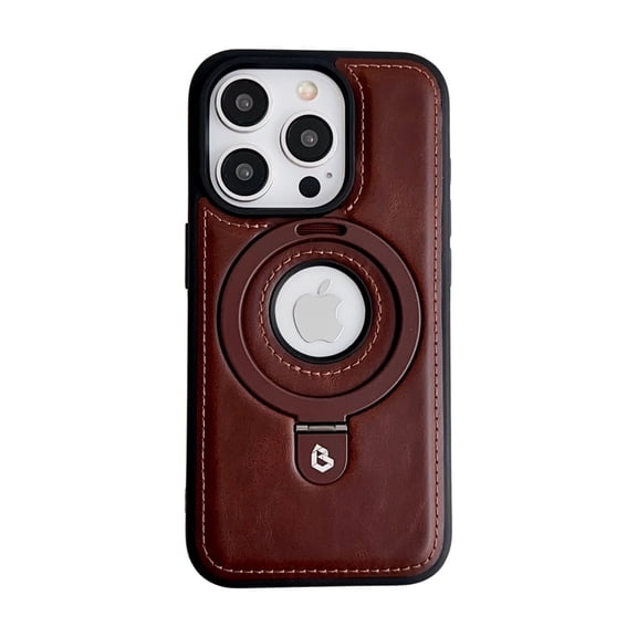 ELEHOLD for iPhone 16 Magnetic Case Premium Leather Logo Hollow Design Foldable Ring Holder Kickstand Support Mag Safe Charging Shockproof Case for iPhone 16,Coffee