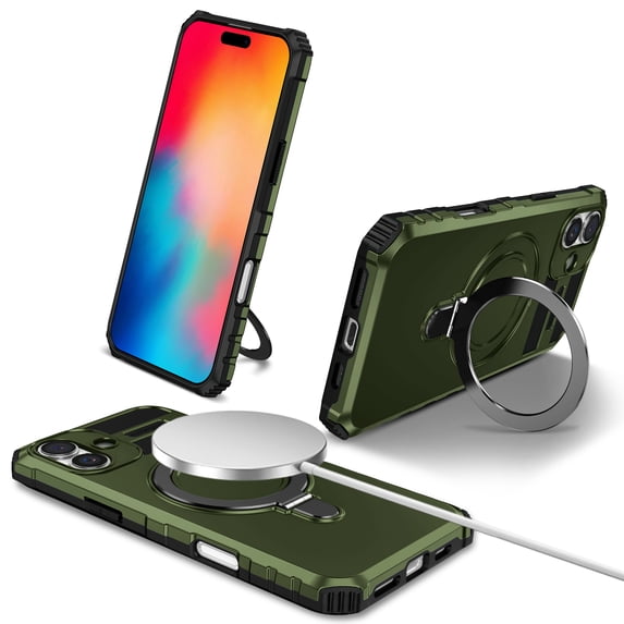 ELEHOLD For iPhone 16 Magnetic Heavy Duty Shockproof Case Rugged Cover, with 360° Rotable Ring Stand, Lens All-Inclusive, Support Wireless Charging, Darkgreen