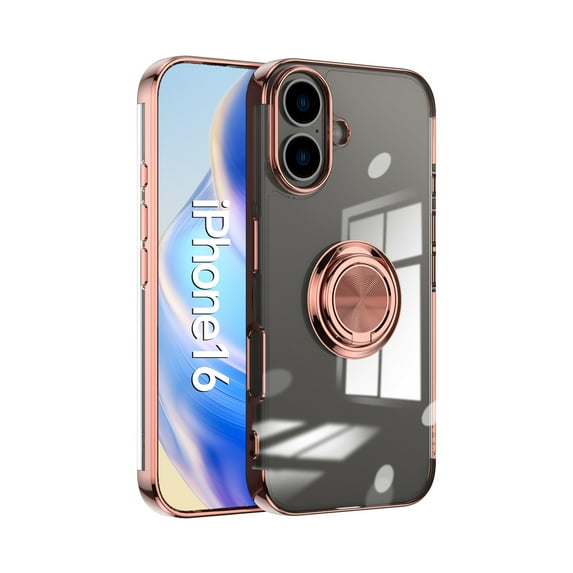 ELEHOLD for iPhone 16 Plating Clear Case,Transparent Case with Ring Holder Kickstand Work with Magnetic Car Mount Shockproof Protective Cover Phone Case for iPhone 16,Rosegold
