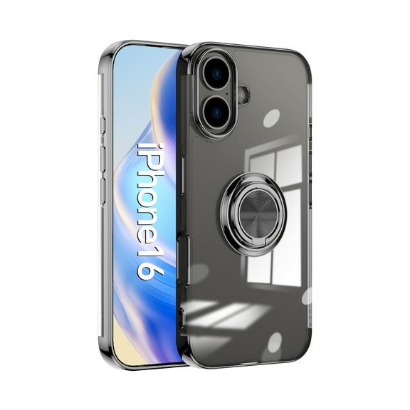 ELEHOLD for iPhone 16 Plating Clear Case,Transparent Case with Ring Holder Kickstand Work with Magnetic Car Mount Shockproof Protective Cover Phone Case for iPhone 16,Black