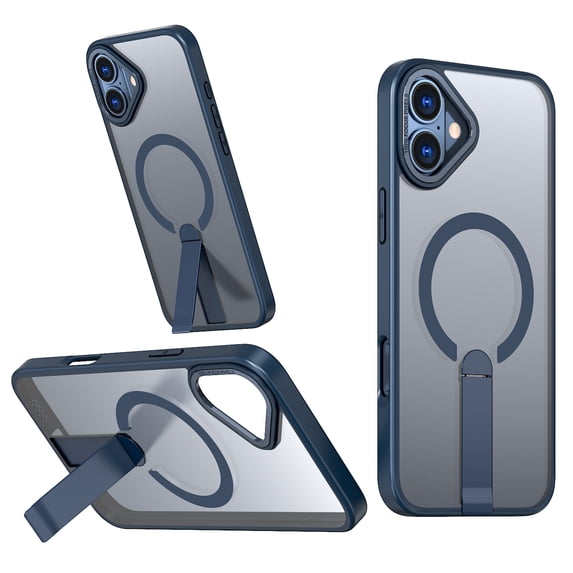 ELEHOLD For iPhone 16 Plus 6.7Inch Slim Shockproof Magnetic Phone Case, Horizontal & Vertical Kickstand Rugged Cover, MagSafe Compatibe, with Metal Lens Ring, Blue