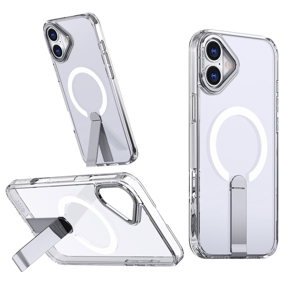 ELEHOLD For iPhone 16 Plus 6.7Inch Slim Shockproof Magnetic Phone Case, Horizontal & Vertical Kickstand Rugged Cover, MagSafe Compatibe, with Metal Lens Ring, Clear