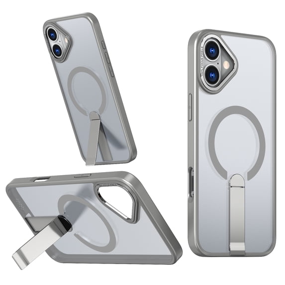 ELEHOLD For iPhone 16 Plus 6.7Inch Slim Shockproof Magnetic Phone Case, Horizontal & Vertical Kickstand Rugged Cover, MagSafe Compatibe, with Metal Lens Ring, Gray