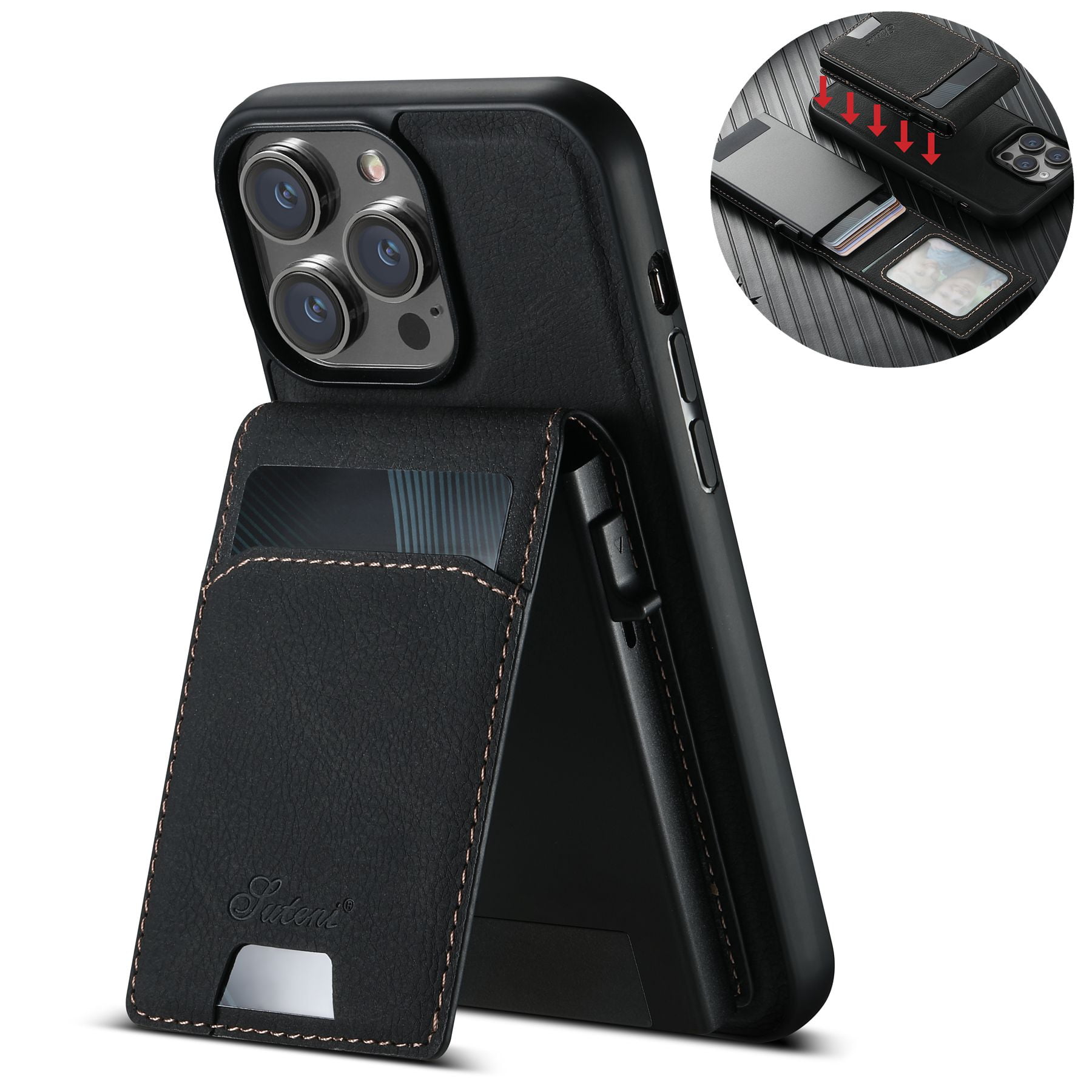 ELEHOLD for iPhone 16 Plus Case, Compatible with Mag Safe Accessory, 2 in 1 Detachable Magnetic Wallet Card Holder Faux Leather Men Women Kickstand Shockproof Case,Black