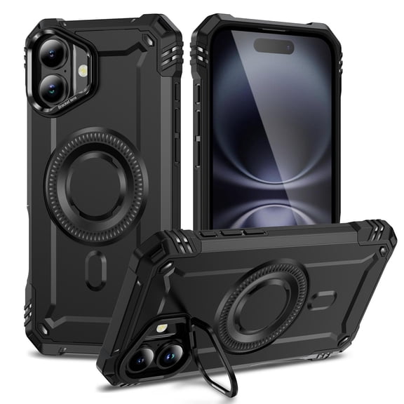 ELEHOLD for iPhone 16 Plus Case, Compatible with Mag safe Accessories, Strong Magnetic Military-Grade Drop Protection Invisible Kickstand Shockproof Protective Phone Case,Black