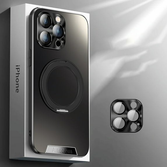 ELEHOLD for iPhone 16 Plus Case, Compatible with Mag safe Accessory Thin Fit Full Lens Film Protection Electroplate Ring Stand Frosted Shockpeoof Case for iPhone 16 Plus,Black