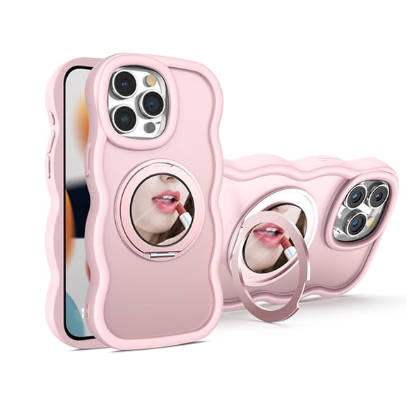 ELEHOLD for iPhone 16 Plus Case, Cute Curly Wavy Shape Magnetic Small Mirror Ring Stand Women Girls Shockproof Protection Case with Strap for iPhone 16 Plus,Pink