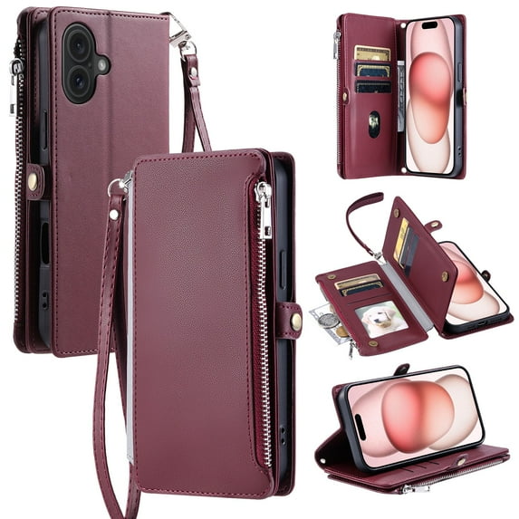 ELEHOLD for iPhone 16 Plus Case, Full Body Protection Crossbody Flip Zipper Credit Card Slot Wallet Case Kickstand Shockproof Leather Case with Shoulder Strap and Wrist Strap, Winered