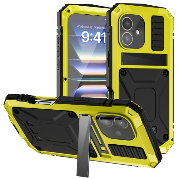 ELEHOLD for iPhone 16 Plus Case,Outdoor Sports Military Heavy Duty Full Body Cover with Built in Tempered Glass Screen Protector Hidden Kickstand Shockproof Dustproof Case for iPhone 16 Plus,Yellow