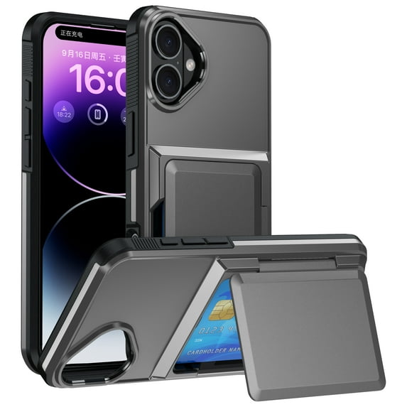ELEHOLD for iPhone 16 Plus Case,Rugged Credit Card Holder Slot Flip Cover Back Pocket Dual Layer Protective Hard Shell TPU Rubber Bumper Wallet Case for iPhone 16 Plus,Gray