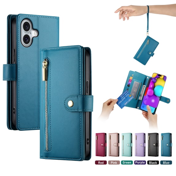 ELEHOLD for iPhone 16 Plus Flip Case, Wallet Zipper Magnetic Buckle Kickstand Wrist Strap Multifunctional Card Slots Wallet Business Case with Crossbody and Wrist Strap,Blue