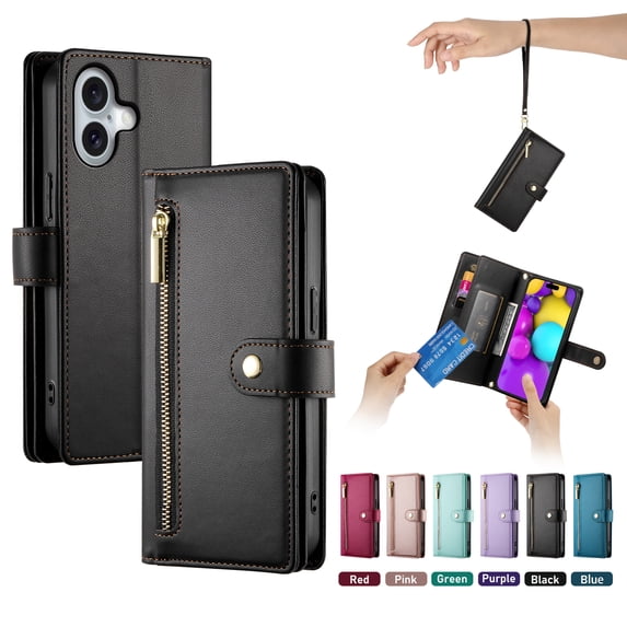 ELEHOLD for iPhone 16 Plus Flip Case, Wallet Zipper Magnetic Buckle Kickstand Wrist Strap Multifunctional Card Slots Wallet Business Case with Crossbody and Wrist Strap,Black