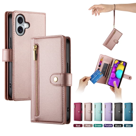 ELEHOLD for iPhone 16 Plus Flip Case, Wallet Zipper Magnetic Buckle Kickstand Wrist Strap Multifunctional Card Slots Wallet Business Case with Crossbody and Wrist Strap,Pink
