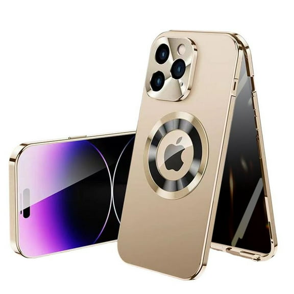 ELEHOLD for iPhone 16 Plus Full Body Case,with Built-in Anti-Peeping Privacy Tempered Glass Screen Protector Metal Frame Plating PC Back Shockproof Rugged Case for iPhone 16 Plus,Gold