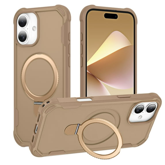 ELEHOLD For iPhone 16 Plus Heavy Duty Shockproof Rugged Case Magnetic Rugged Case, MagSafe Compatible, with Invisible and Adjustable Ring Holder Stand, Desertgold