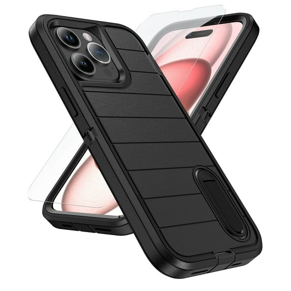 ELEHOLD for iPhone 16 Plus Hybrid Rugged Case with HD Screen Protector,Dual Layer Hard Protective Invisible Kickstand Non-Slip Drop-Proof Shockproof Anti-Scratches Heavy Duty Cover,Black+Black