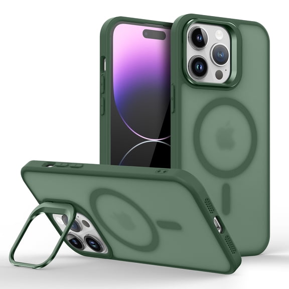 ELEHOLD For iPhone 16 Plus Magnetic Shockproof Case, Micro Frosted Clear Skin-Friendly Rugged Cover, MagSafe Compatible, Invisible Lens Frame Kickstand, Darkgreen