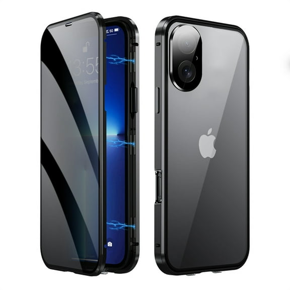 ELEHOLD for iPhone 16 Plus Privacy Case, Anti-Peeping Double Metal Side Clear Tempered Glass Privacy Screen Protector Anti-Fall Shockproof Powerful Magnetic Case for iPhone 16 Plus ,Black