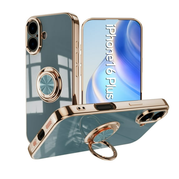 ELEHOLD for iPhone 16 Plus Slim Case Electroplating Frame Design All-inclusive Lens Protection Metal Ring Holder Stand Function Shockproof Lightweight Case for iPhone 16 Plus, Gray