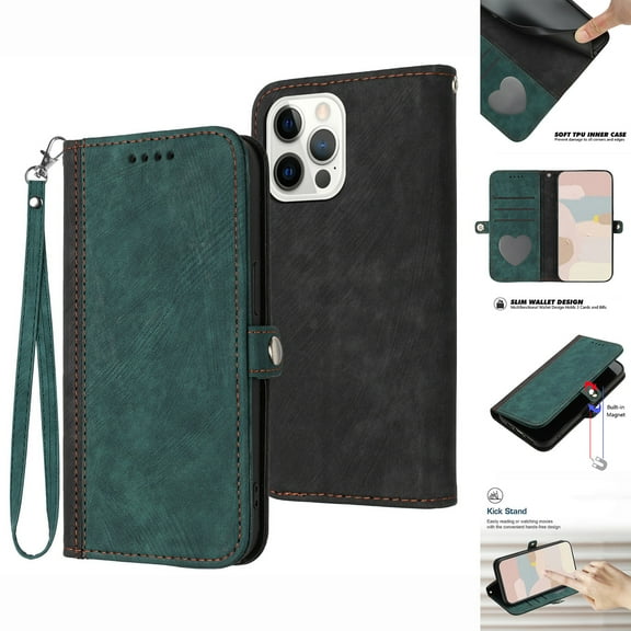 ELEHOLD for iPhone 16 Plus Wallet Case with Detachable Wrist Strap Handbag, Luxury PU Leather Flip Soft TPU Built-in Magnetic Card Slots Kickstand Function Shockproof Protective Cover Case,Darkgreen