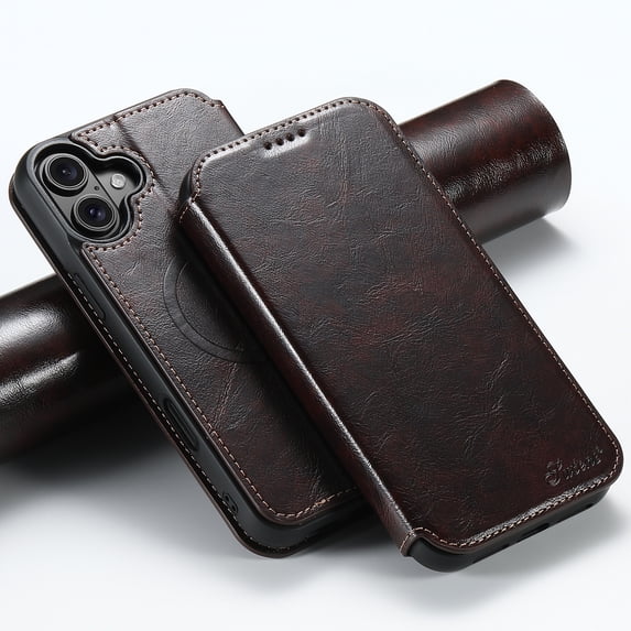 ELEHOLD for iPhone 16 Plus Wallet Case Premium Leather with Card Slots Kickstand Function Magnetic Absorption Compatible with Mag Safe Charging Shockproof Protective Case,Brown