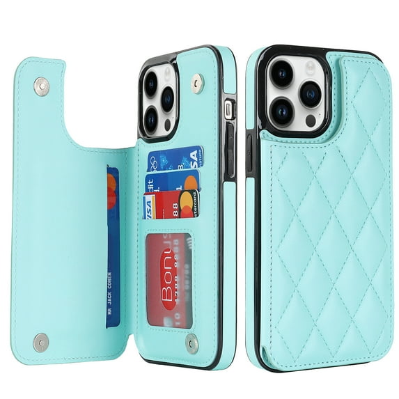 ELEHOLD for iPhone 16 Plus Wallet Case, RFID Blocking Card Holders Luxury Argyle Pattern Leather Case Kickstand Magnetic Button Slim Lightweight Shockproof Purse Case,Mint