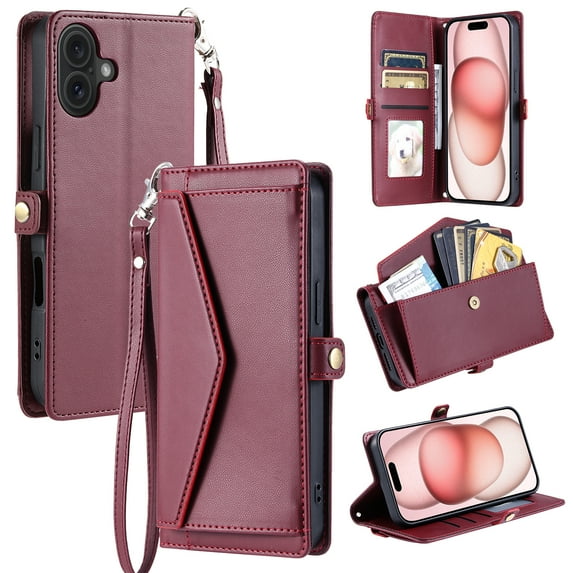 ELEHOLD for iPhone 16 Plus Wallet Case,Women Men Credit Card Holder Kickstand Magnetic Clasp Pocket Portective Case Zipper with Adjustable Crossbody / Wrist Strap,Winered