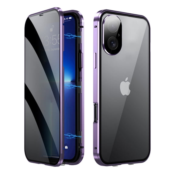 ELEHOLD for iPhone 16 Privacy Case, Anti-Peeping Double Metal Side Clear Tempered Glass Privacy Screen Protector Anti-Fall Shockproof Powerful Magnetic Case for iPhone 16 ,Purple