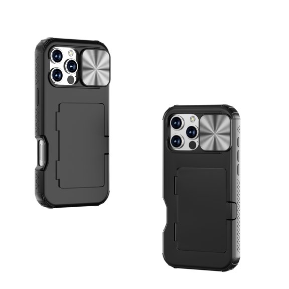 ELEHOLD for iPhone 16 Pro Case,Built-in Card Holder Slide Len Cover Military Grade Drop Rugged Shockproof Protective Phone Case for iPhone 16 Pro,Black