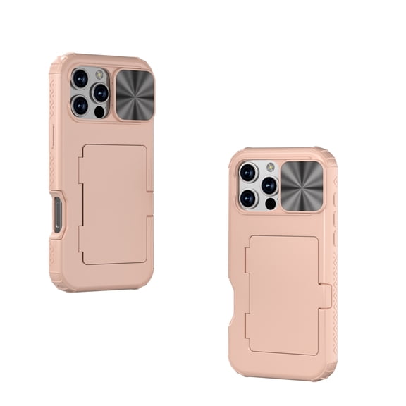 ELEHOLD for iPhone 16 Pro Case,Built-in Card Holder Slide Len Cover Military Grade Drop Rugged Shockproof Protective Phone Case for iPhone 16 Pro,Rosegold
