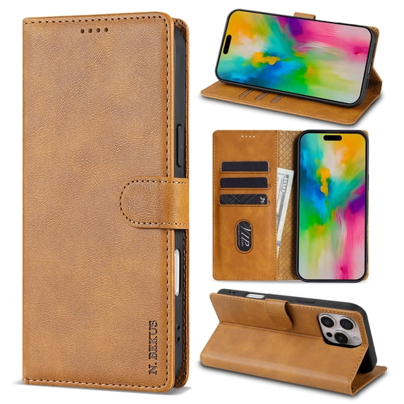 ELEHOLD for iPhone 16 Pro Case,Business Premium Folio PU Leather Magnetic Closure Card Holder Kickstand Shockproof Protective Wallet Case for iPhone 16 Pro,Brown