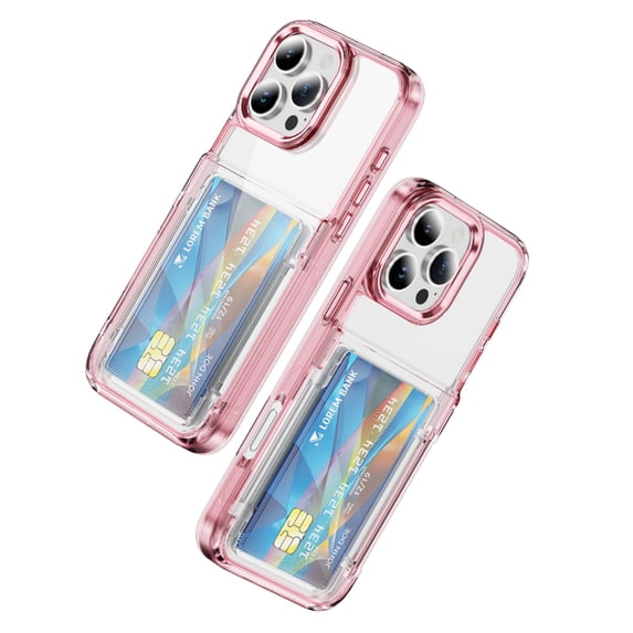 ELEHOLD for iPhone 16 Pro Case,Clear Card Holder Kickstand Credit Card Slot Soft TPU+Hard PC Slim Bumper Anti-Scratch Shockproof Protective Wallet Case for iPhone 16 Pro,Pink