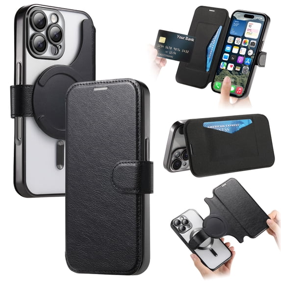 ELEHOLD for iPhone 16 Pro Case,Compatible with Mag Safe Accessories, Luxury Business 2 in 1 Detachable Flip Walle PU Leather Clear Soft TPU Back Folio Case+Camera Lens Protector,Black