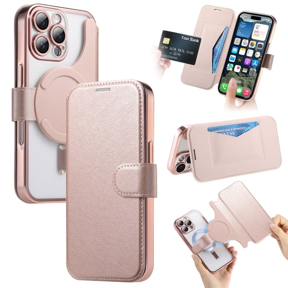 ELEHOLD for iPhone 16 Pro Case,Compatible with Mag Safe Accessories, Luxury Business 2 in 1 Detachable Flip Walle PU Leather Clear Soft TPU Back Folio Case+Camera Lens Protector,Rosegold