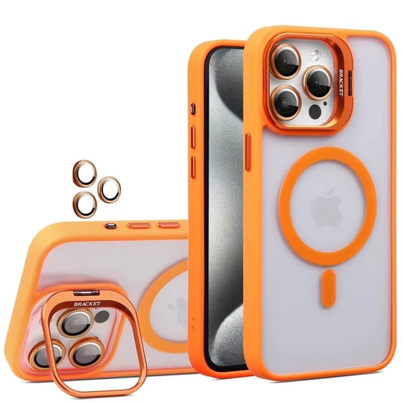 ELEHOLD for iPhone 16 Pro Case,Compatible with Mag Safe Accessory,Magnetic Not Yellowing Anti-Scratch Len Stand Shockproof Clear Phone Case with Lens Protector for iPhone 16 Pro ,Orange